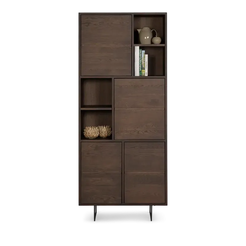 Wandkast Aura - 85 cm - met poot - Eiken Deer Brown - 4 open vakken, 4 deuren - poot modern zwart