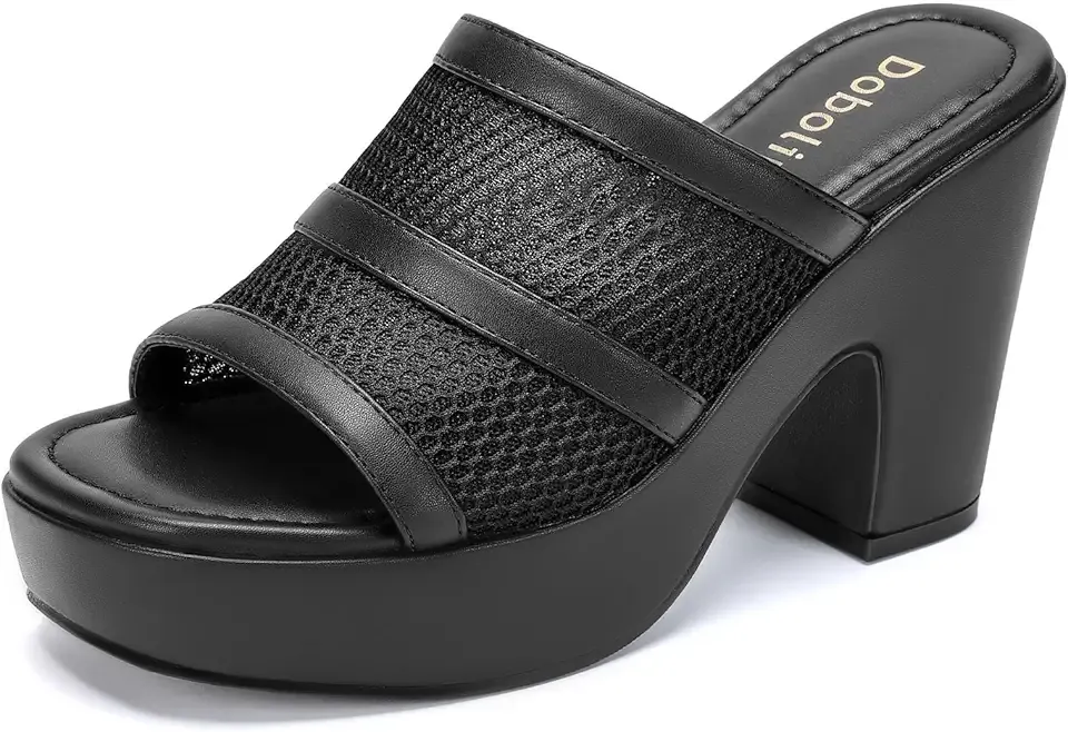 Womens Platform Sandals Chunky Block Heels Slip on Square Open Toe Mesh Knit Comfortable Dressy Summer Party Shoes