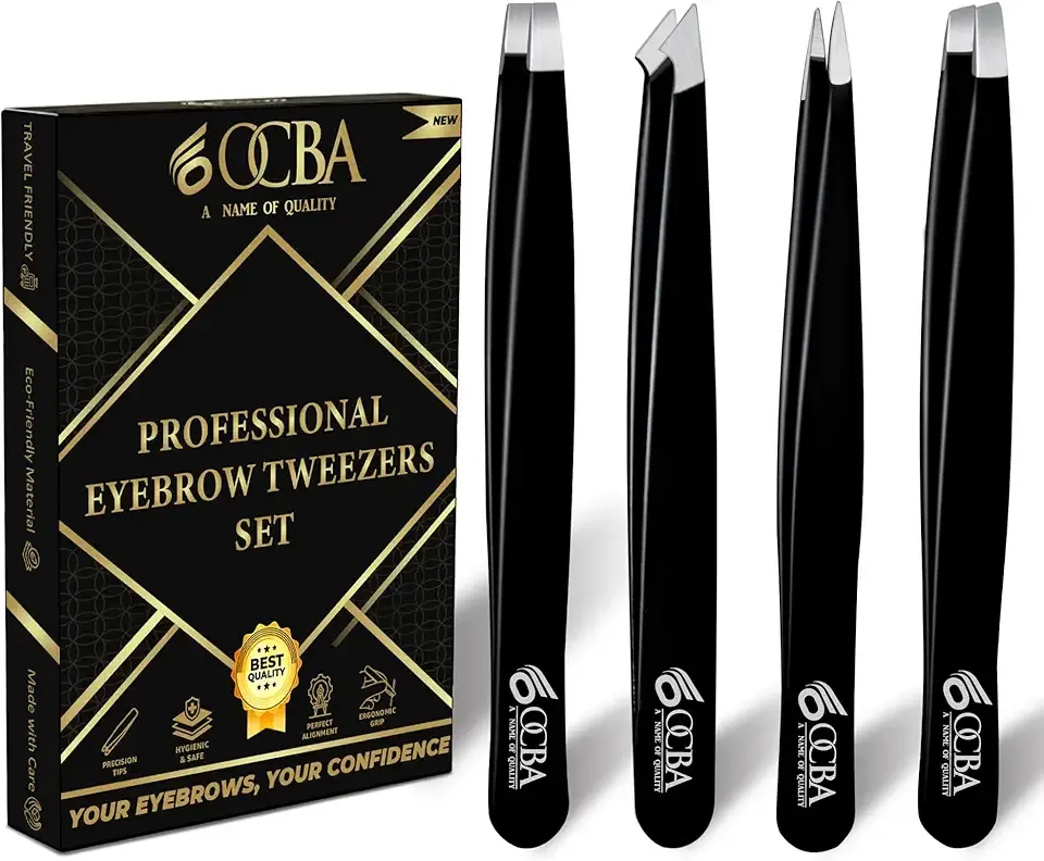 4 Pcs Tweezers for Facial Hair Women & Men for Precise Grooming of Eyebrows - Professional Stainless Steel Black Color Coated Eyebrow Tweezers for Ingrown Hair on Nose Ear