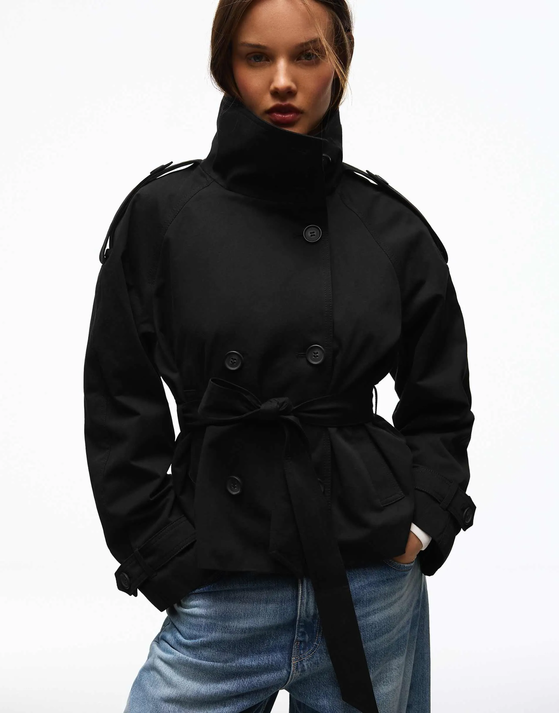 Bershka Funnel neck trench jacket in black