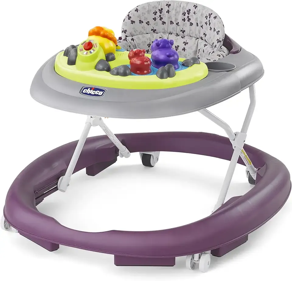 Chicco Walky Talky Foldable Baby Walker, Multilingual Play Tray with Music and Lights, 3 Height Adjustments, Brake Pads, for Children up to 26 lbs., Compact Fold, Flora/Purple/Grey