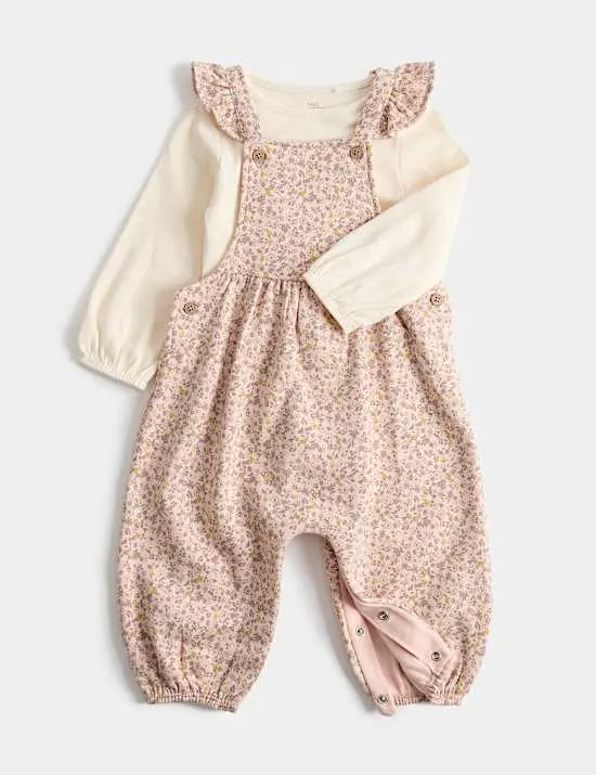 2-teiliges Latzhosen-Outfit mit hohem Baumwollanteil und Blümchenmuster (0–3 Jahre)