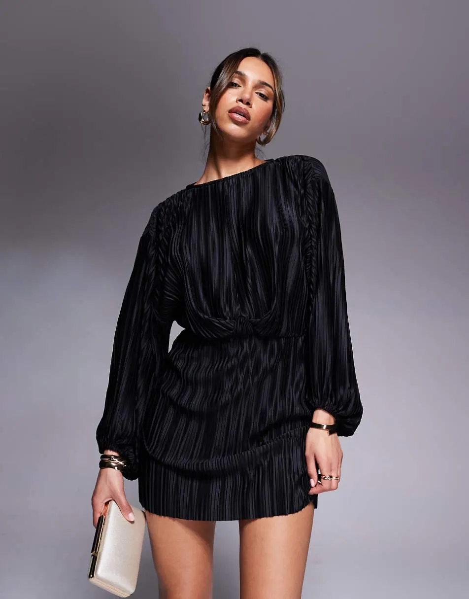 ASOS DESIGN plisse blouson sleeve and waist mini dress in black