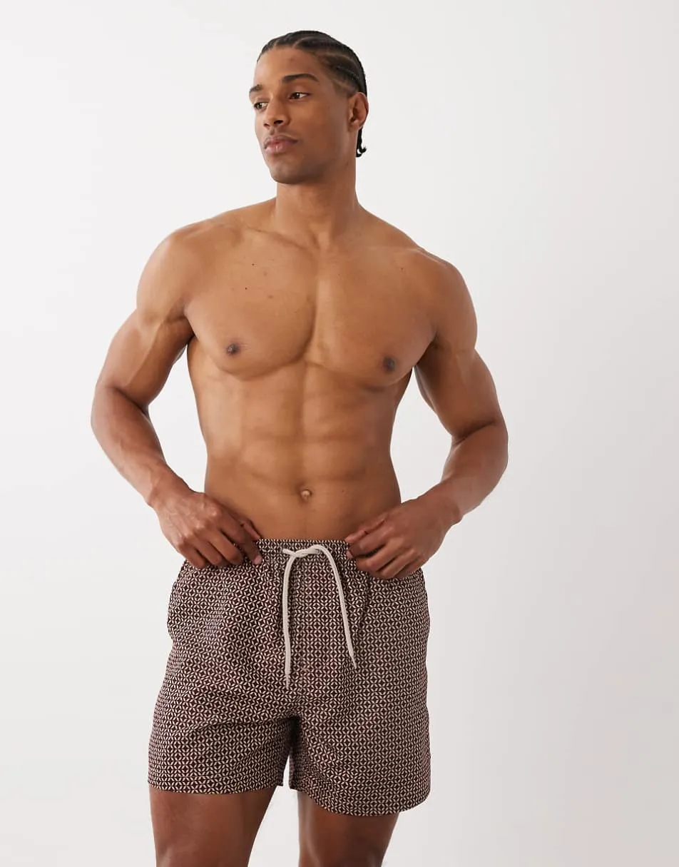 Brave Soul printed swim shorts in burgundy and tan