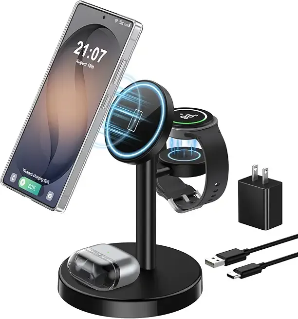Magnetic Wireless Charger for Samsung, 3 in 1 Super Fast Charging Station Compatible with MagSafe, Phone Charger Stand for Samsung Galaxy S26 Ultra S25 Z Fold/Flip 7, Watch Ultra 8 7 6, Buds 4/3 Pro
