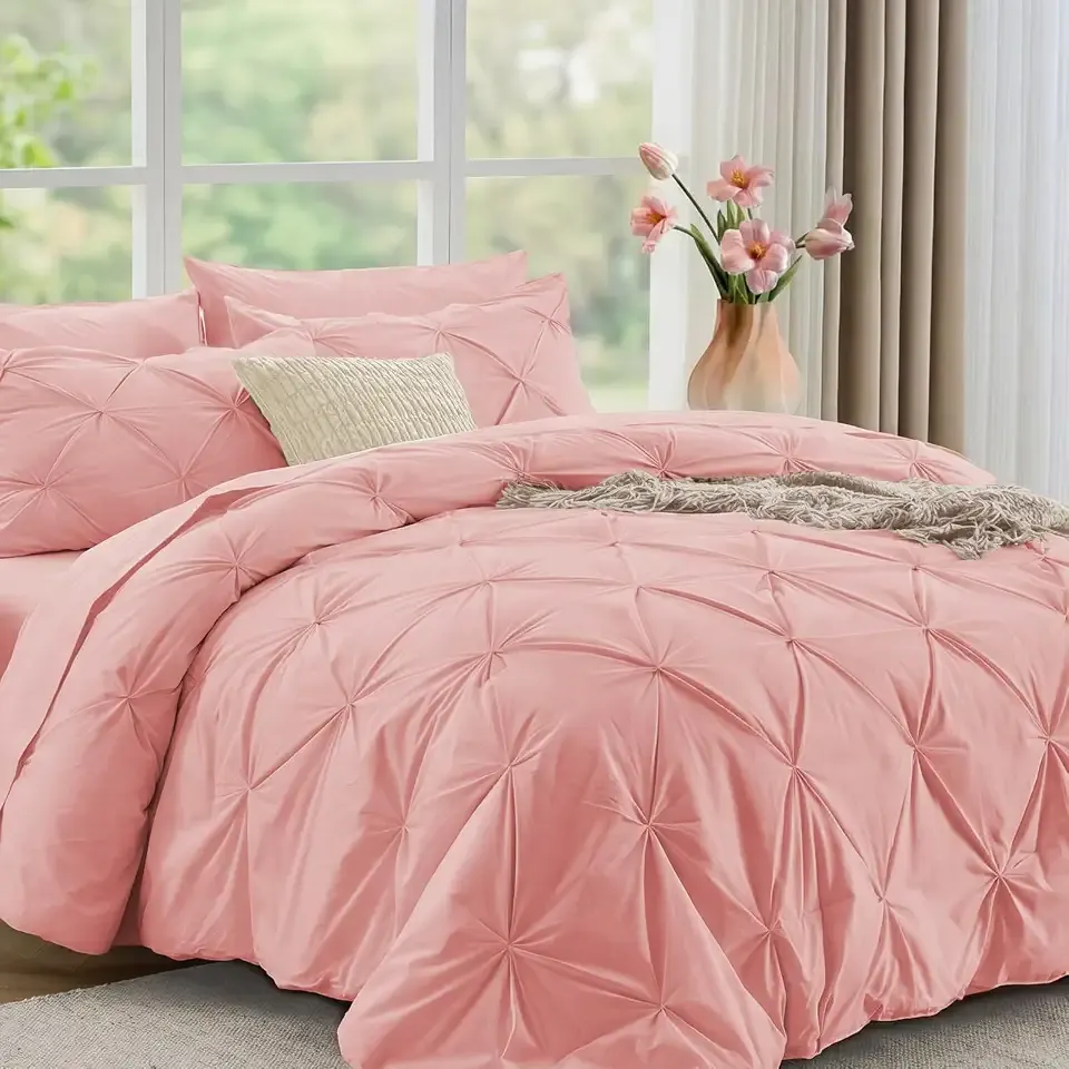 JOLLYVOGUE Queen Comforter Set 7 Pieces - Bed in a Bag Queen for All Season, Pintuck Bedding Comforter Sets with Comforter, Flat Sheet, Fitted Sheet and Pillowcases & Shams, Pink