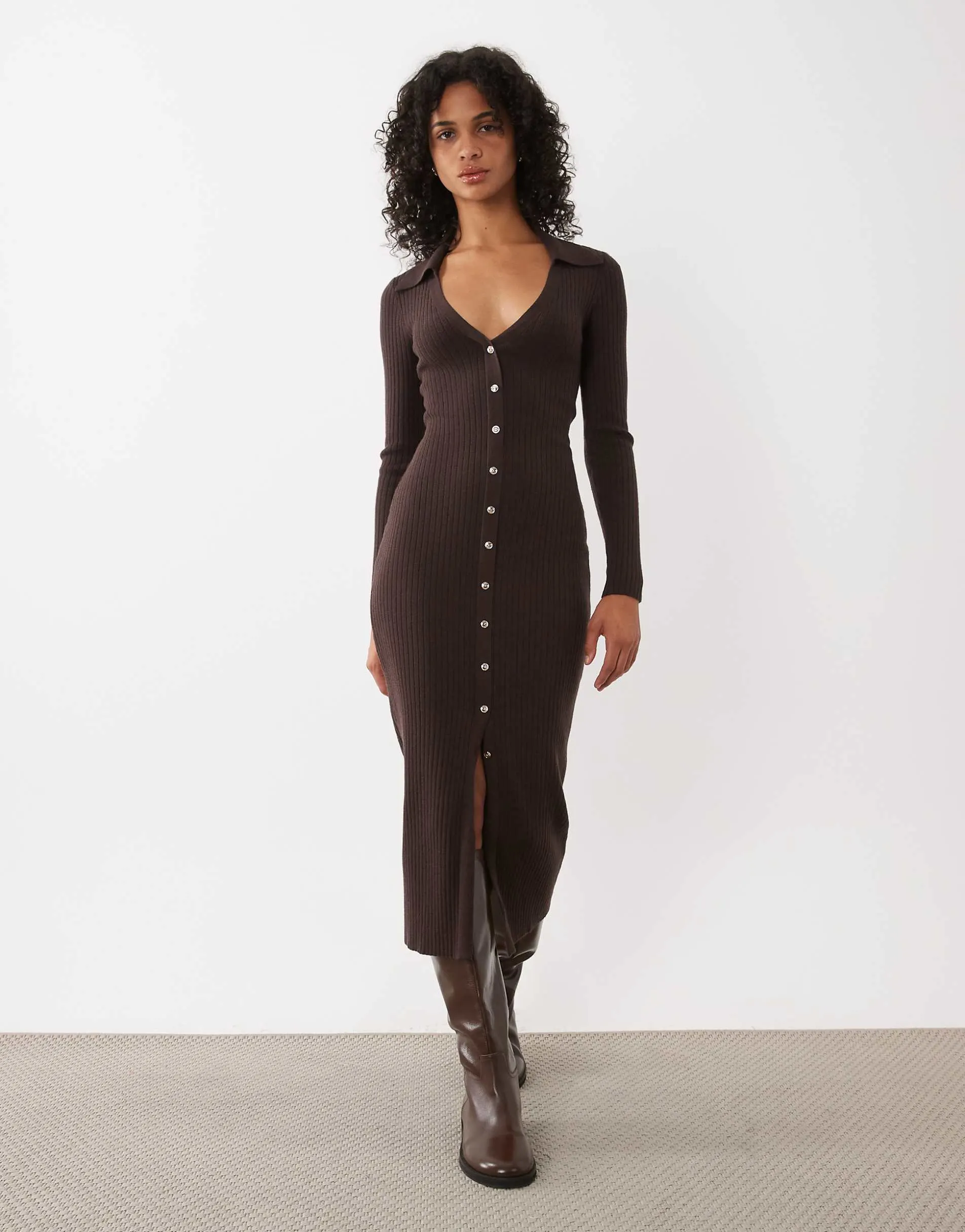 New Look knitted button down midi dress in dark brown