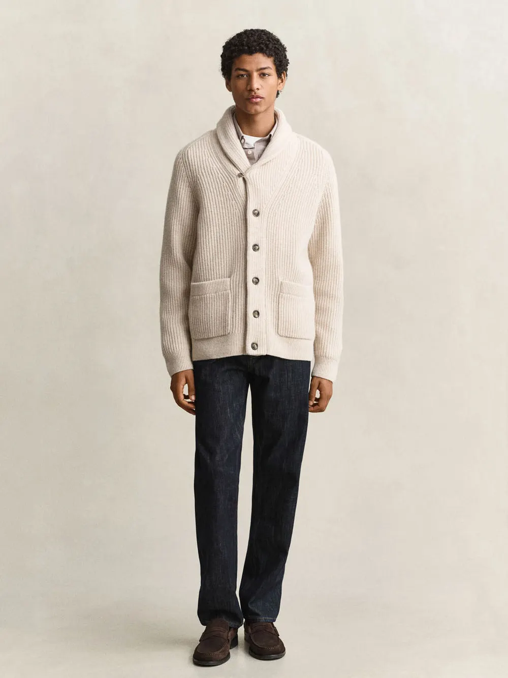 Ribbed Wool Blend Shawl Cardigan