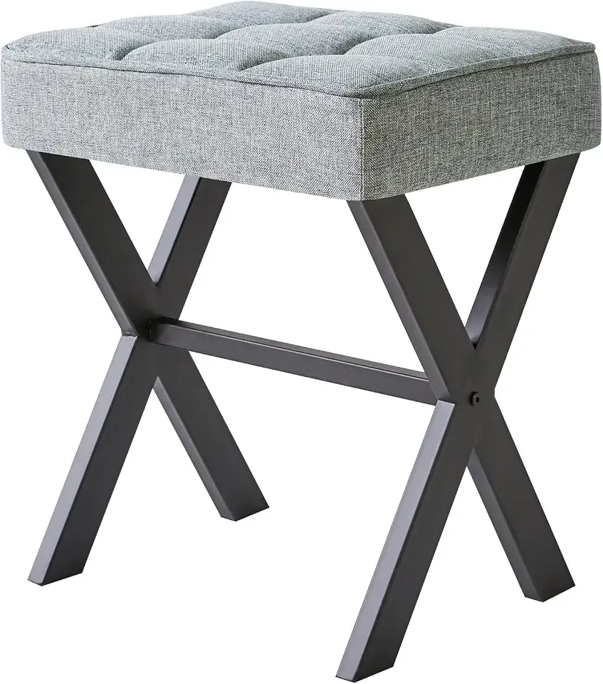 IBUYKE Square Makeup Stool with X-Leg, Linen Vanity Chair, Blue Gray LG-70L | Footrest Ottoman Seat Multi-Use Small Side Table Bedroom Living Room