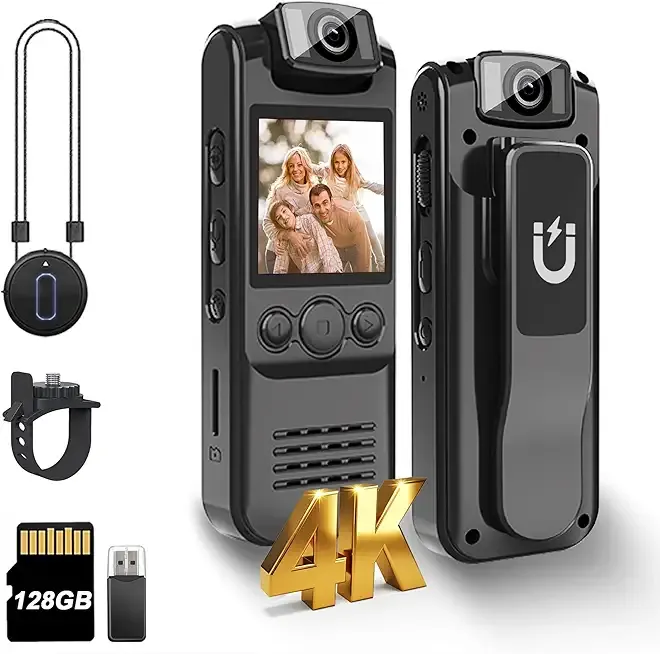4K Body Camera with Audio and Video Recording, 128GB Mini Wearable Cam with Magnetic Lanyard, Body Worn Camera for Travel, Cycling, Work Security, Police Law Enforcement