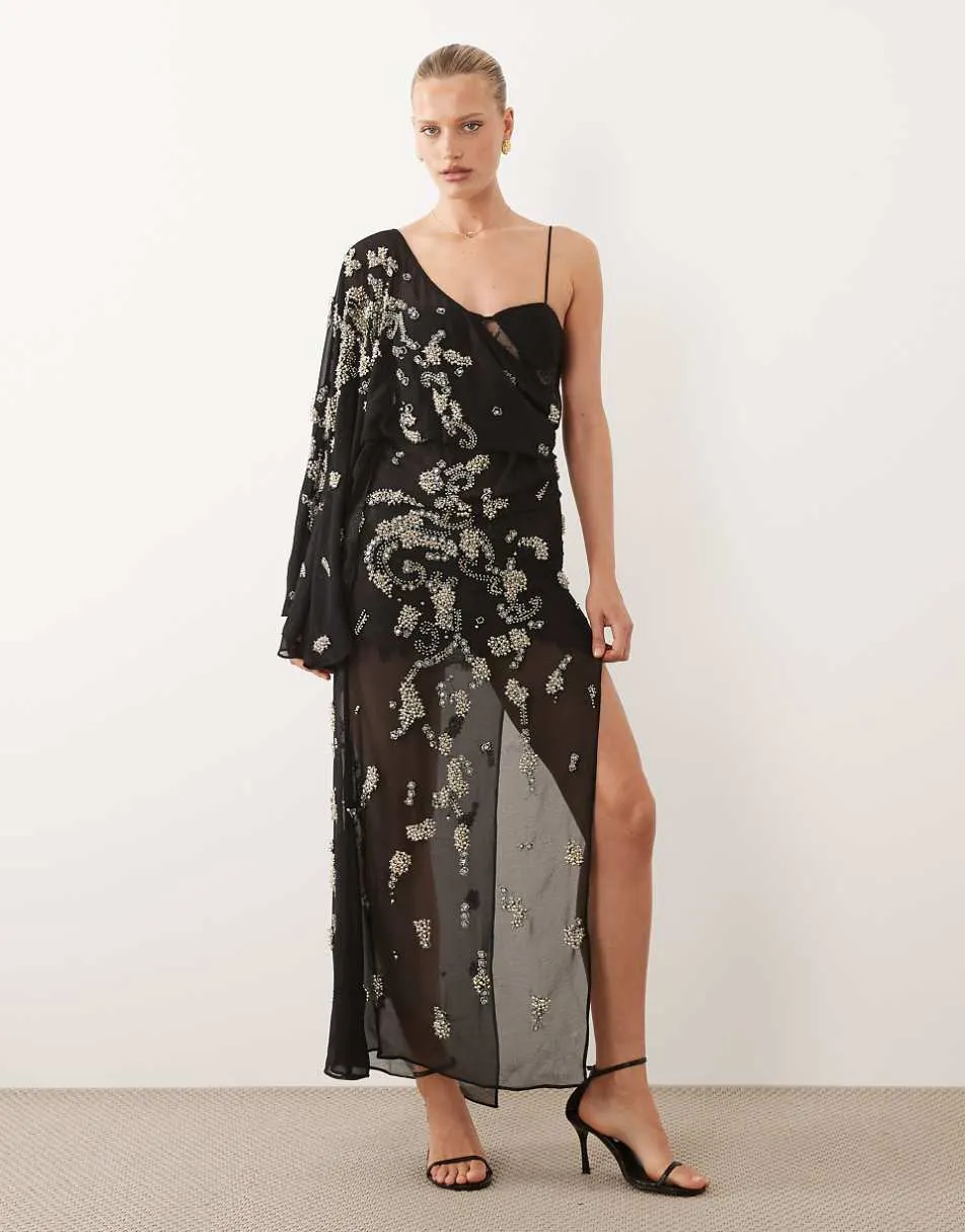 ASOS DESIGN draped batwing sleeve embellished maxi dress with lace in black
