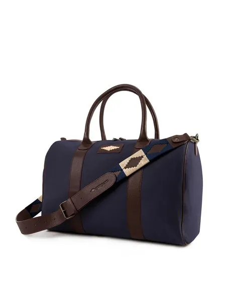 Varon Small Travel Bag Navy Canvas With Brown Leather