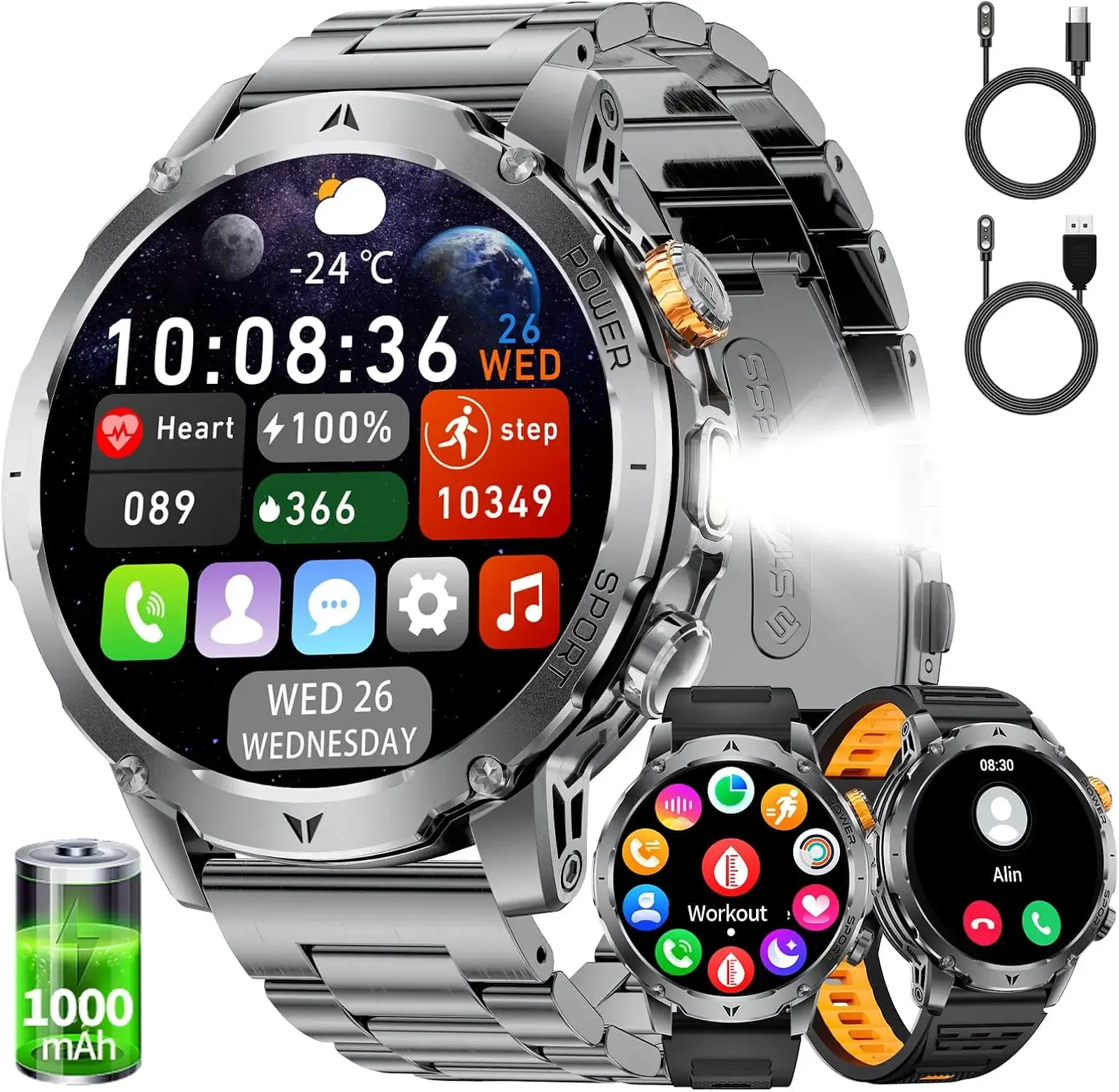 LIGE Smart Watches for Men,1.7" Smartwatch with 1000mah Battery,Flashlight,Bluetooth Call,100+ Sports Modes,Health Tracker,IP68 Waterproof,Smart Watch for Android iOS(3 Straps 2 Chargers)