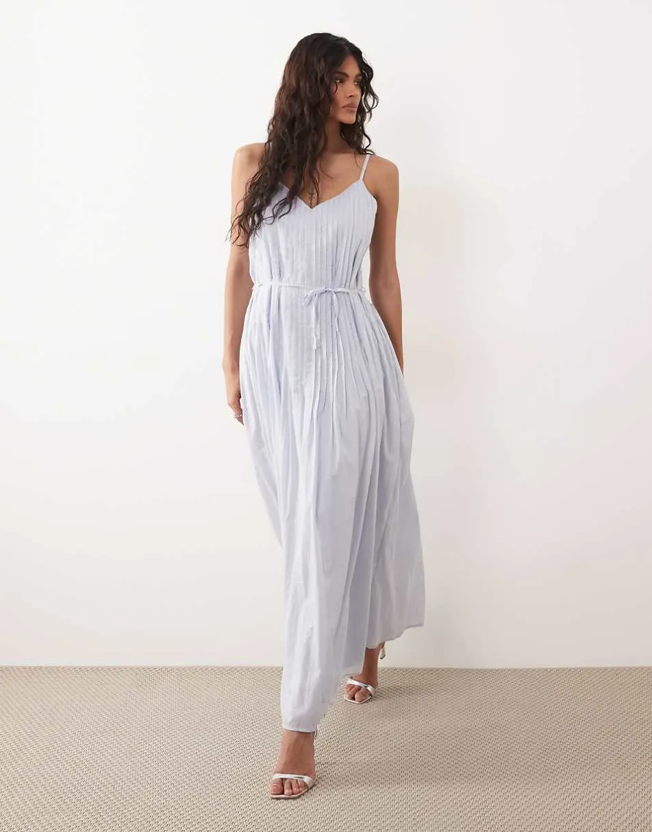 Gina Tricot pure cotton v neck strappy volume maxi dress in light blue