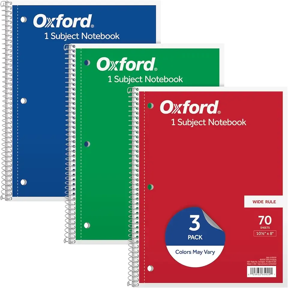 Oxford 1-Subject Notebooks, School Journal, 8 x 10-1/2 Inch, Wide Rule Paper, 70 Sheets, 3-Hole Punch, 3 Pack, Red, Blue, Green, Color Assortment May Vary (65029)