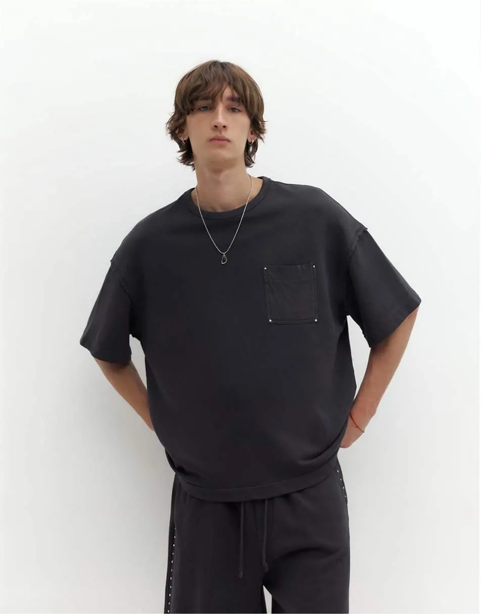 Pull&Bear Oversize t-shirt with stud pocket in grey