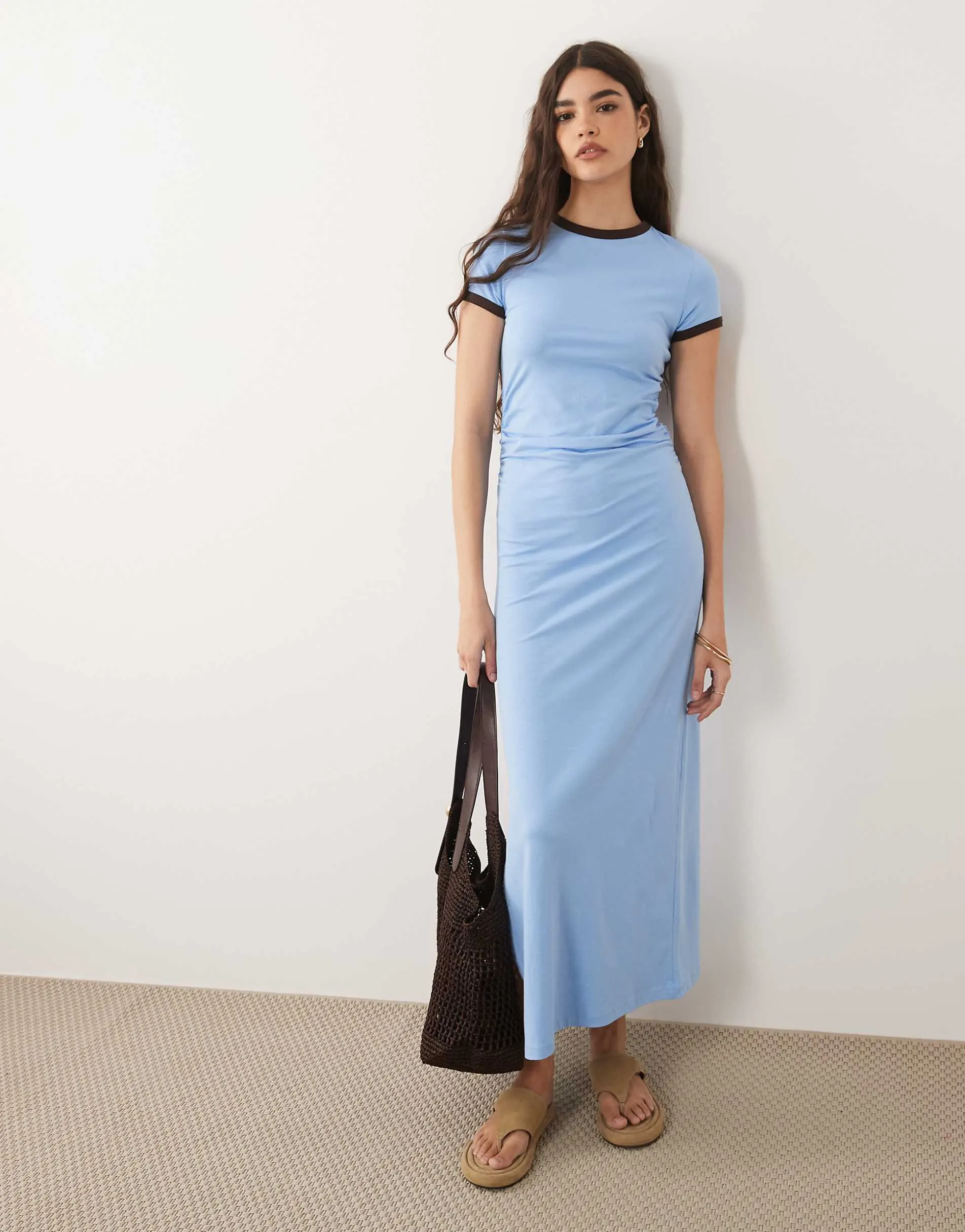 ASOS DESIGN contrast ringer detail midi t-shirt dress in dusty blue