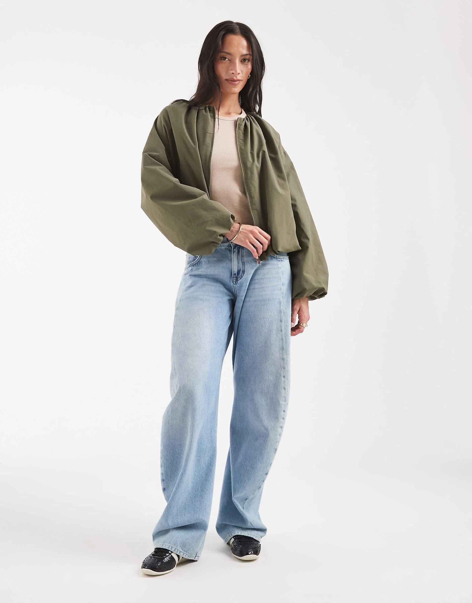 ASOS DESIGN cropped bubble hem nylon bomber jacket in khaki