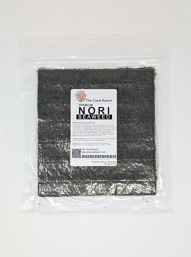 The Coral Ranch - Premium Nori Seaweed - 50 Sheets 8"x8" - Food for Tangs, Angelfish, Rabbitfish & Blennies - No Additives, Reef Aquarium-Grade - Resealable Pack (150 Gra…