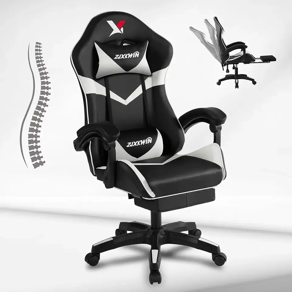 Ergonomic Gaming Chair, High Back PU Leather Office Chair with Footrest, Adjustable Lumbar Support & Headrest, 360° Swivel Computer Chair for Adults, White & Black