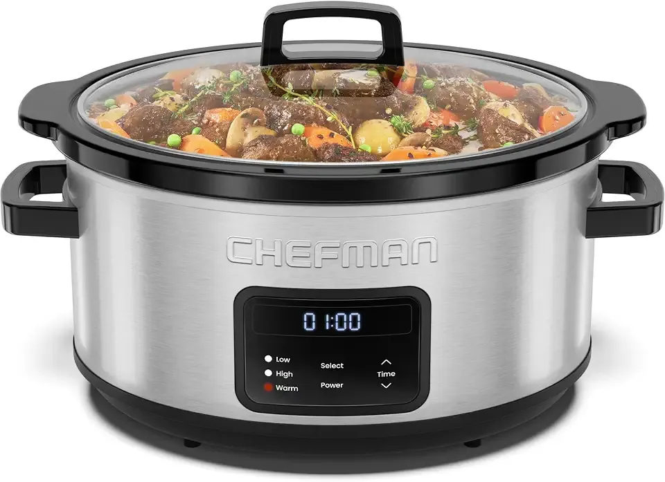 Chefman Slow Cooker 7 Quart, Large Family Size Programmable Digital Slow Cooker with 24-Hour Timer, Low, High & Warm Settings, Ceramic Crock, Tempered Glass Lid, Dishwasher-Safe, Stainless Steel