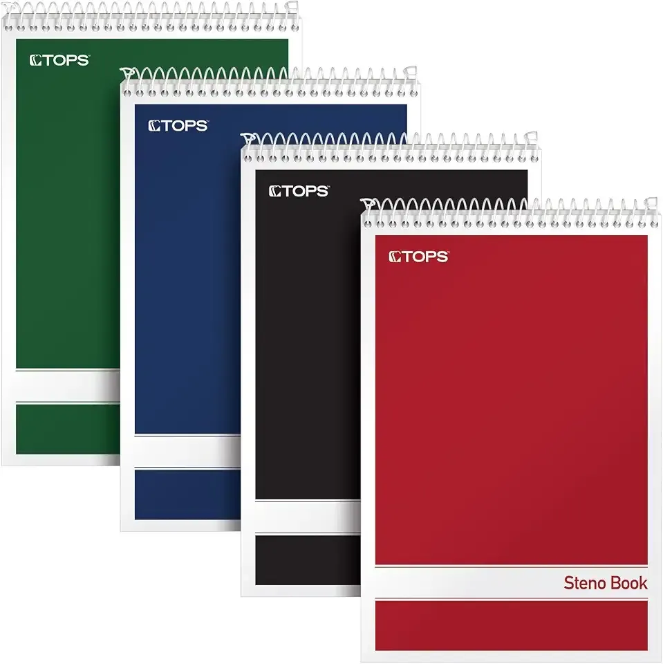 TOPS Steno Pads 4 Pack, 6" x 9" Spiral Steno Notebooks, Gregg Rule for lists, 80 Sheets Each, White Paper, Assorted Covers, Take Notes for School, College, Work, Office (80220)