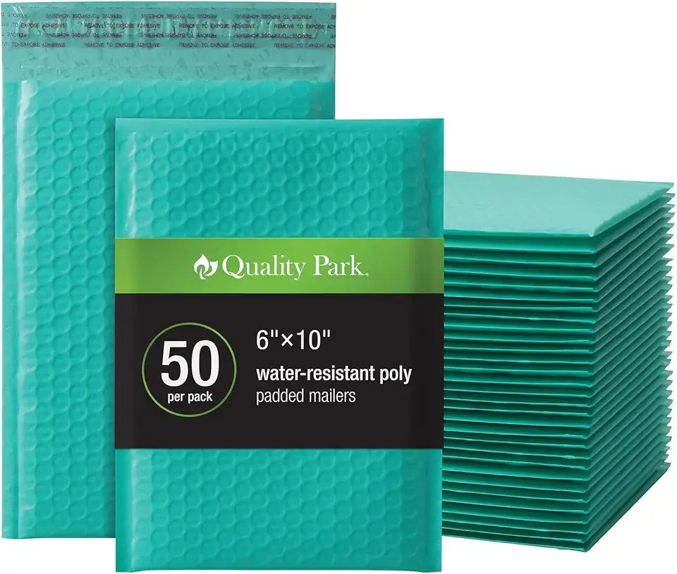 Quality Park Bubble Mailers, 6 x 9 Inch, Teal Poly Mailers, Padded Envelopes, Shipping Envelopes, Water Resistant, Self Seal, 50 Per Box (QUA85857)