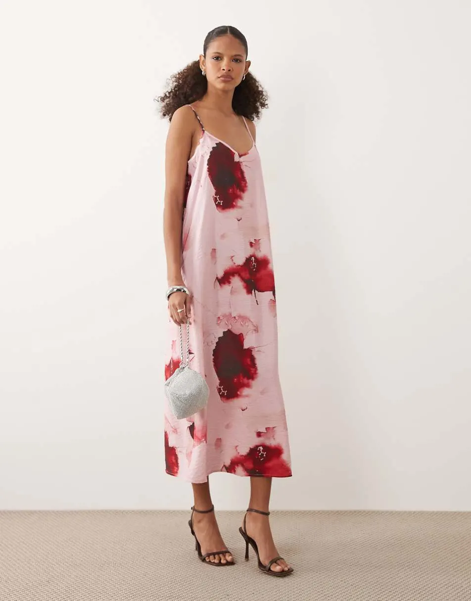 JDY midi cami dress in pink with floral print