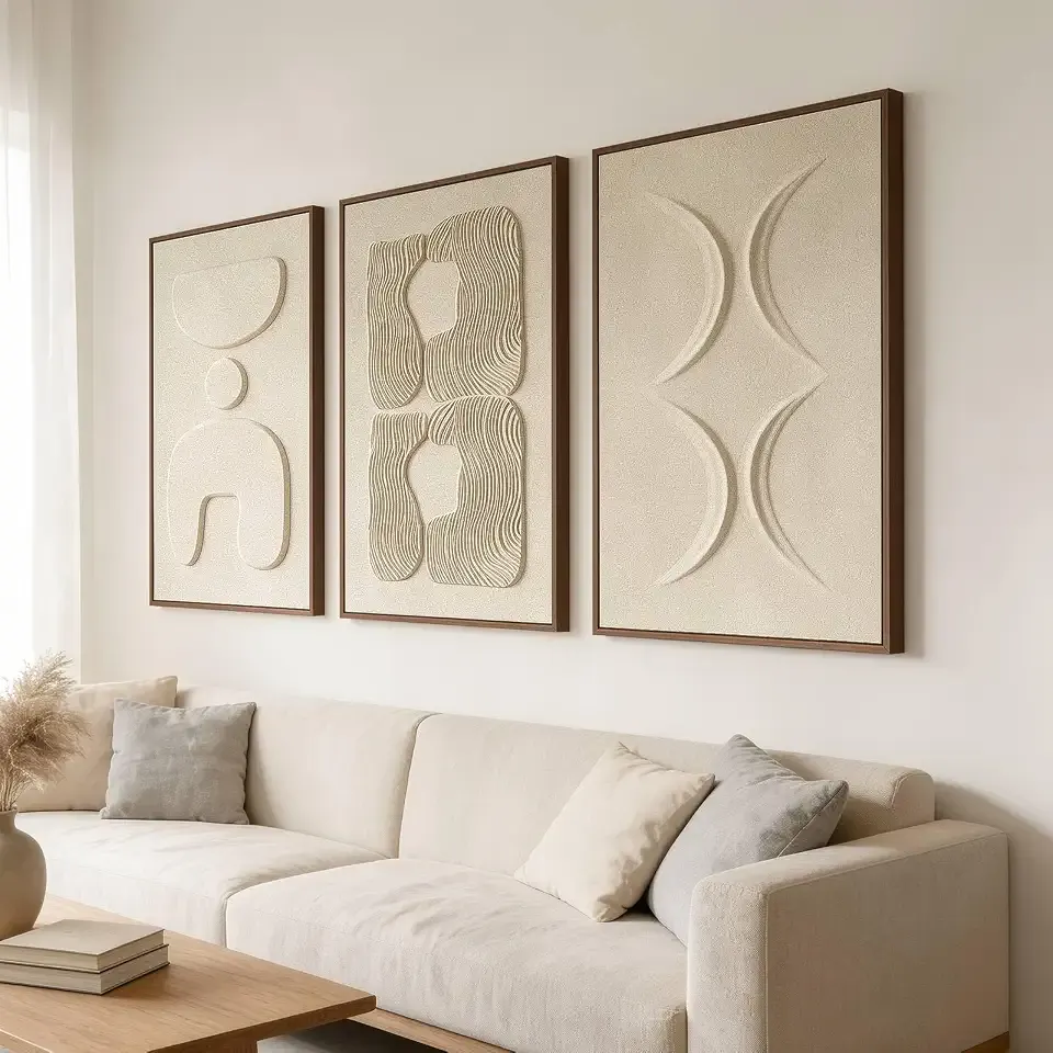 Thalasse Large 3-Piece 3D Textured Wall Art for Living Room, 24x36 Inch | Wabi Sabi Sandstone Relief Panels with Solid Wood Frames, Minimalist Wall Decor for Hallway and Entryways