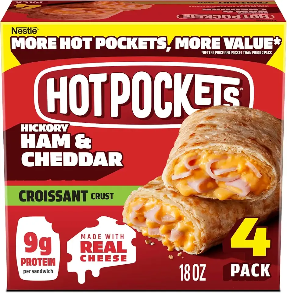 Hot Pockets Hickory Ham and Cheddar Croissant Crust, Hot Pockets Ham and Cheese Sandwich, Frozen Snacks, Air Fryer Snacks, 9g Protein, 4-Pack