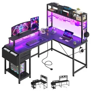 Mesa de juego Balconera en forma de L con toma de corriente y luces LED, 150L×100W×150H cm, color negro