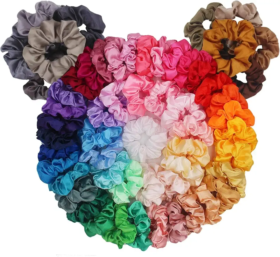 BeeVines Hair Scrunchies, Satin Silk Scrunchies, Silky Curly Hair Accessories for Women, Hair Ties Ropes for Teens, Girl’s Birthday Thanksgiving Christmas Gift, 60 Pack
