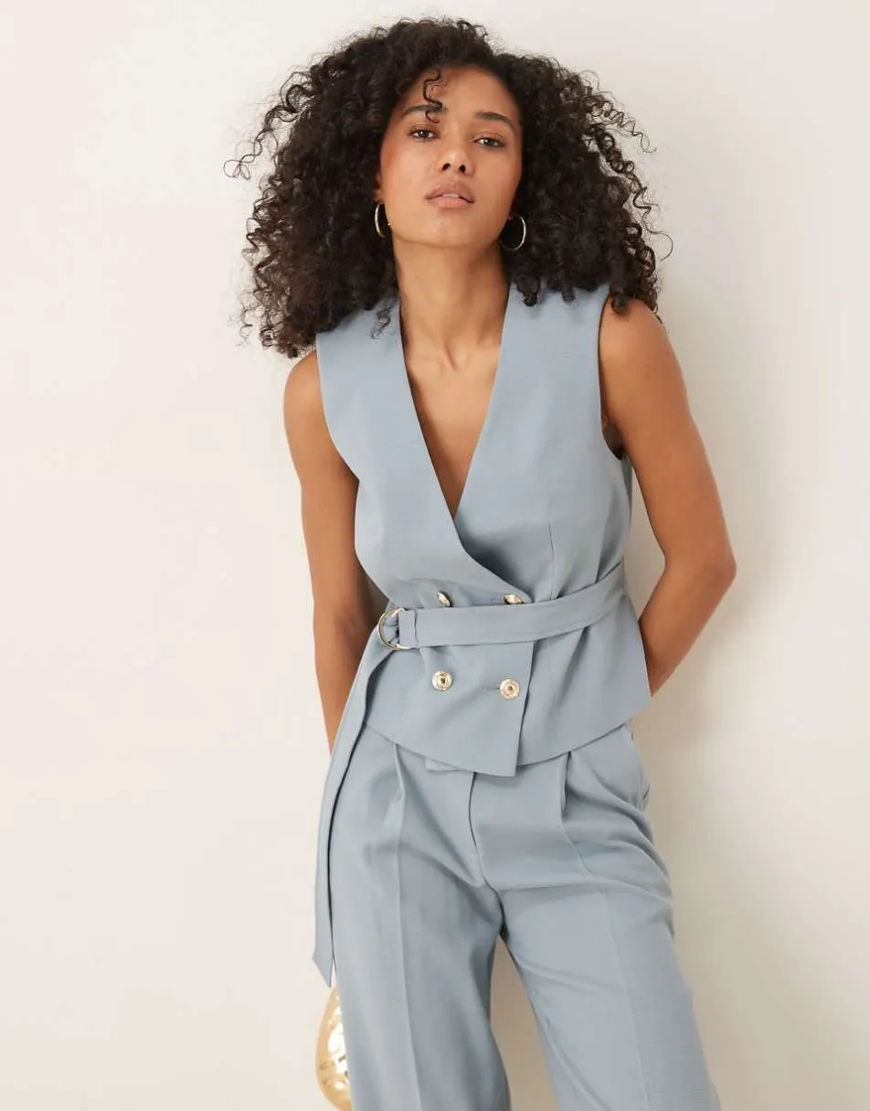 ASOS DESIGN belted waitcoat & straight leg trouser co-ord in blue