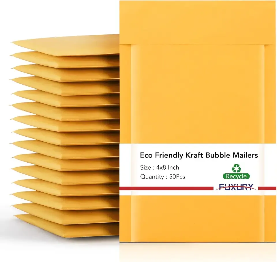 Fuxury Kraft Bubble Mailers 4x8" 50 Pack Padded Envelopes Usable Size 4x7 | Strong Adhesion Small Bubble Envelopes Waterproof Cushioned Padded Mailers Packaging for Small Business #000 Yellow