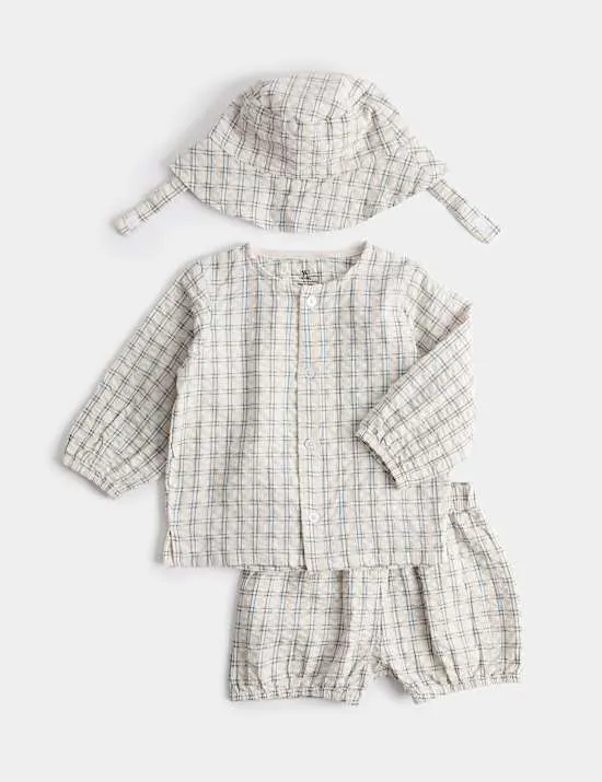 3 Piece Gingham Outfit & Hat Set (0-2 Yrs)