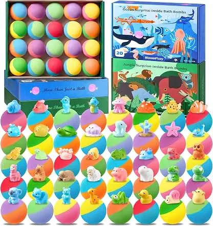 40 Kids Bath Bombs with Ocean & Jungle Animal Toys, Dual-Themed Gift Boxes | Natural & Child-Safe, Non-Staining Fizz, Kids Surprise Bath Toys, Travel-Friendly, Great for Birthdays, Christmas & Easter 40 Kids Bath Bombs with Ocean & Jungle Animal Toys,…