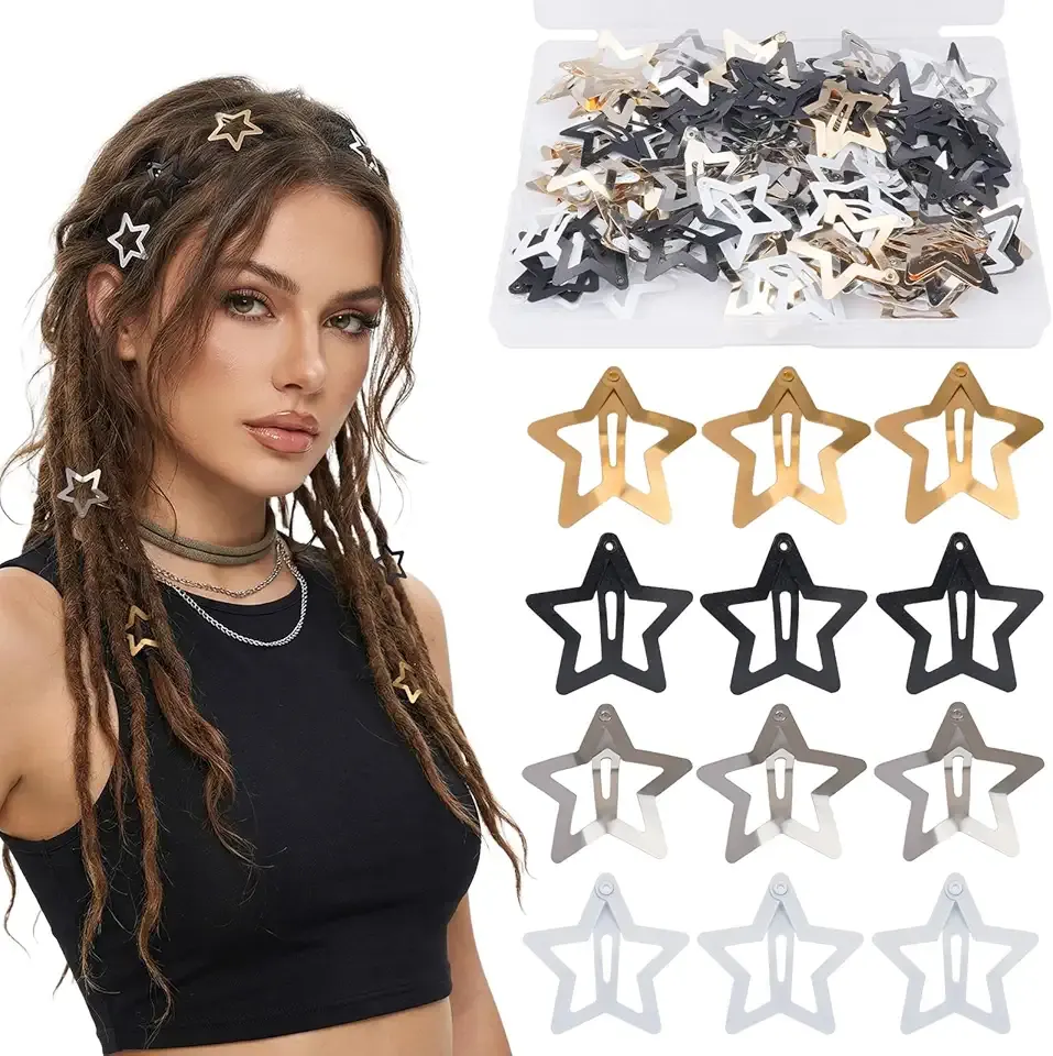 100 Pcs Star Hair Clips 2000s Y2K Black Gold Silver White Hair Accessories 1.3 Inch Non-Slip Metal Hair Barrettes for Girls Women