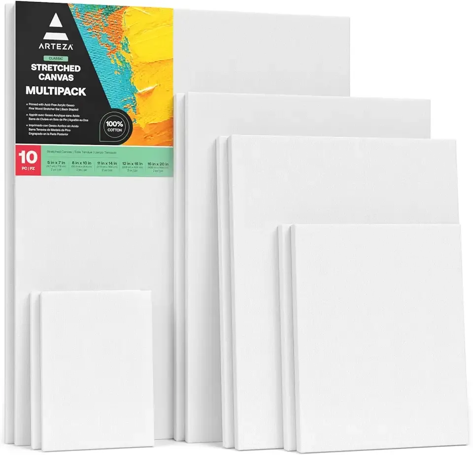 ARTEZA Stretched Canvas, 5 x 7, 8 x 10, 11 x 14, 12 x 16, 16 x 20 Inches, Multipack of 10, Blank White Canvas for Acrylic, Oil and Gouache Painting