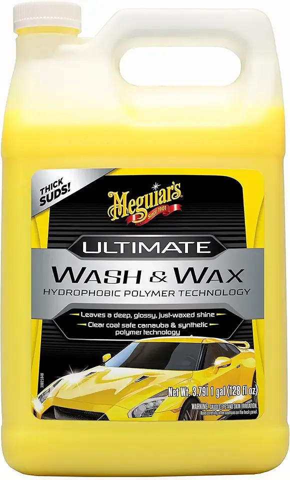 Meguiar's Ultimate Wash and Wax, Car Wash Soap and Wax Cleans & Shines in One Step, Shine & Protect with an Enhanced pH Balanced Car Paint Cleaner, 1 Gallon