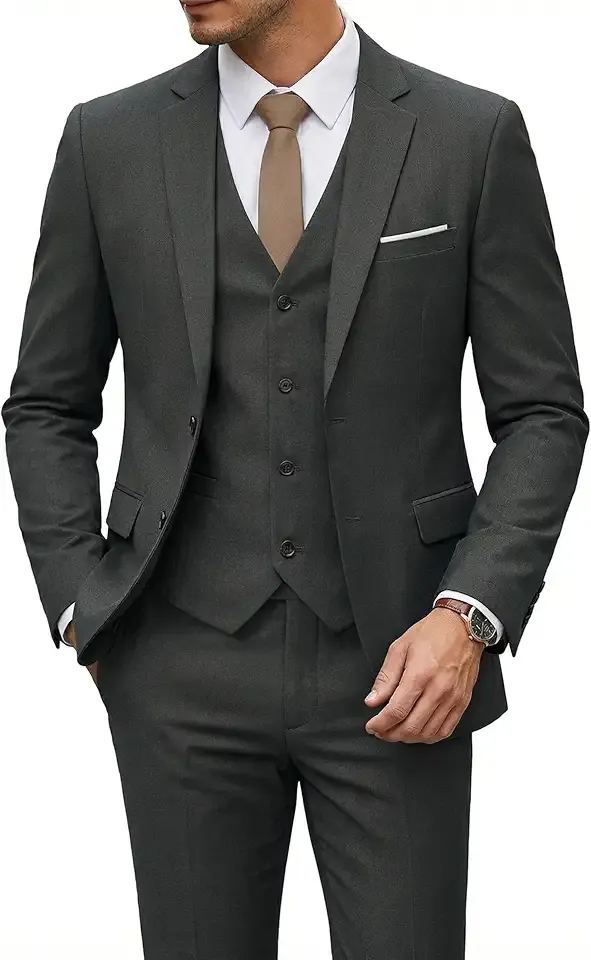Men's 3 Piece Suit Set with Tie, 2 Button Slim Fit Solid Blazer Jacket Vest Pants, Business Wedding Party Suits for Men