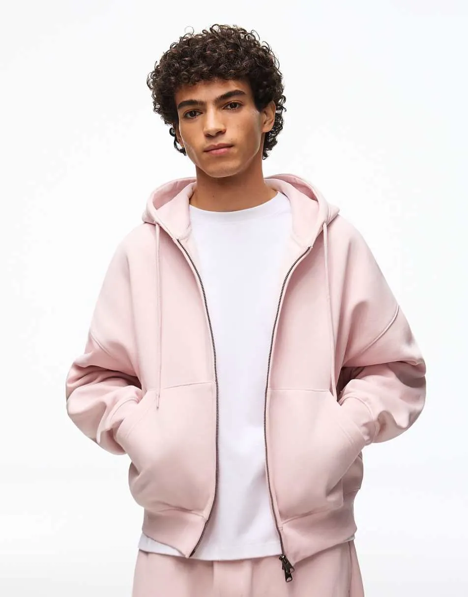 Bershka Boxy zip-up hoodie in pink