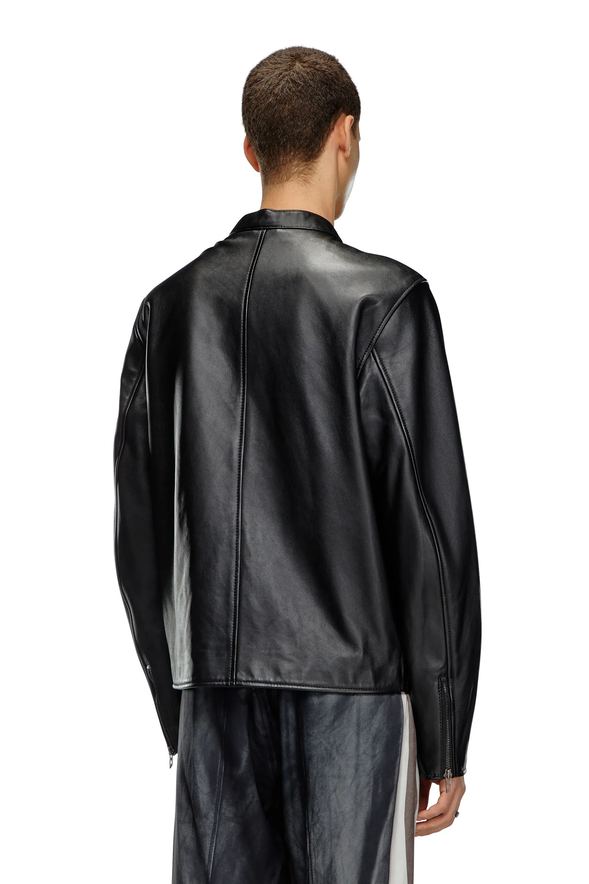 Leather biker jacket with embossed logo