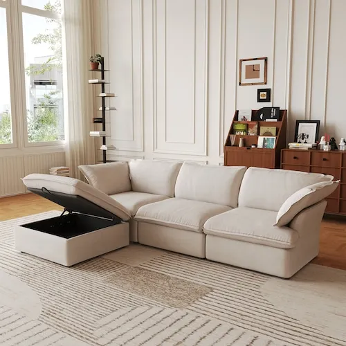 Large 123 in. Linen Modular Cloud Sectional Sofa with Storage Ottoman, Detachable Covers in. Beige