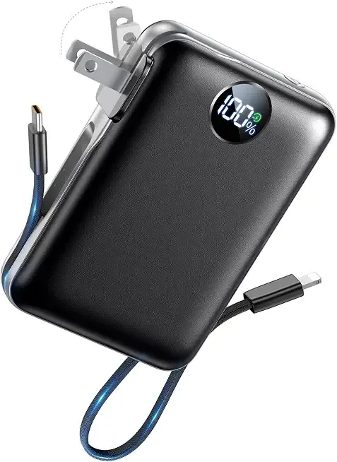 Portable Charger Power Bank 10000mAh, Built-in Cables & Wall Plug, 22.5W USB-C Fast Charging Battery Pack, 4 Outputs, LED Display, Mini Travel Essential for iPhone, iPad, Samsung, Obsidian