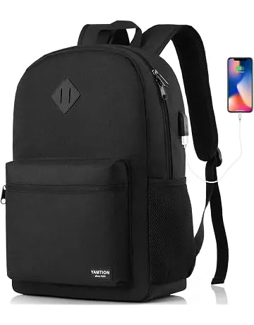 YAMTION Black Backpack for Women Men,Casual School Backpack Teen Boys and Girls 15.6 Inch Laptop Bookbag with USB Charger for College High School Travel Business