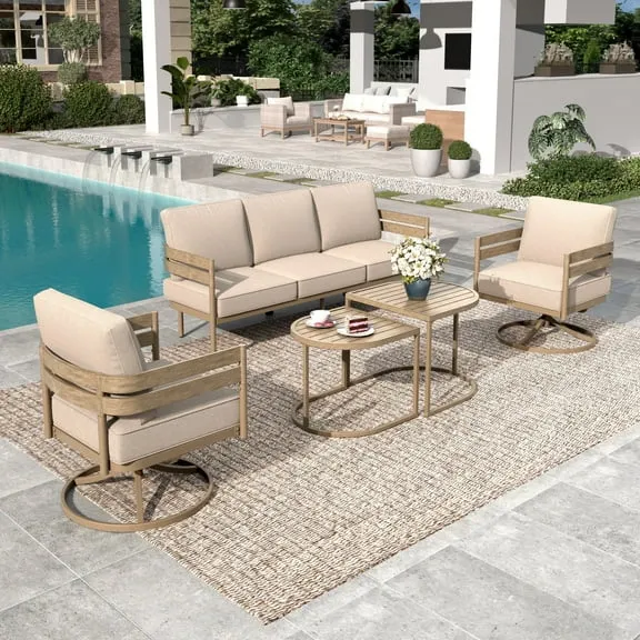 Summit Living 5-Piece Metal Outdoor Patio Furniture Set with Swivel Chairs, Wood-Grain Outdoor Patio Conversation Set for 5 People, Modern Curved Back Sofa Set $899.99