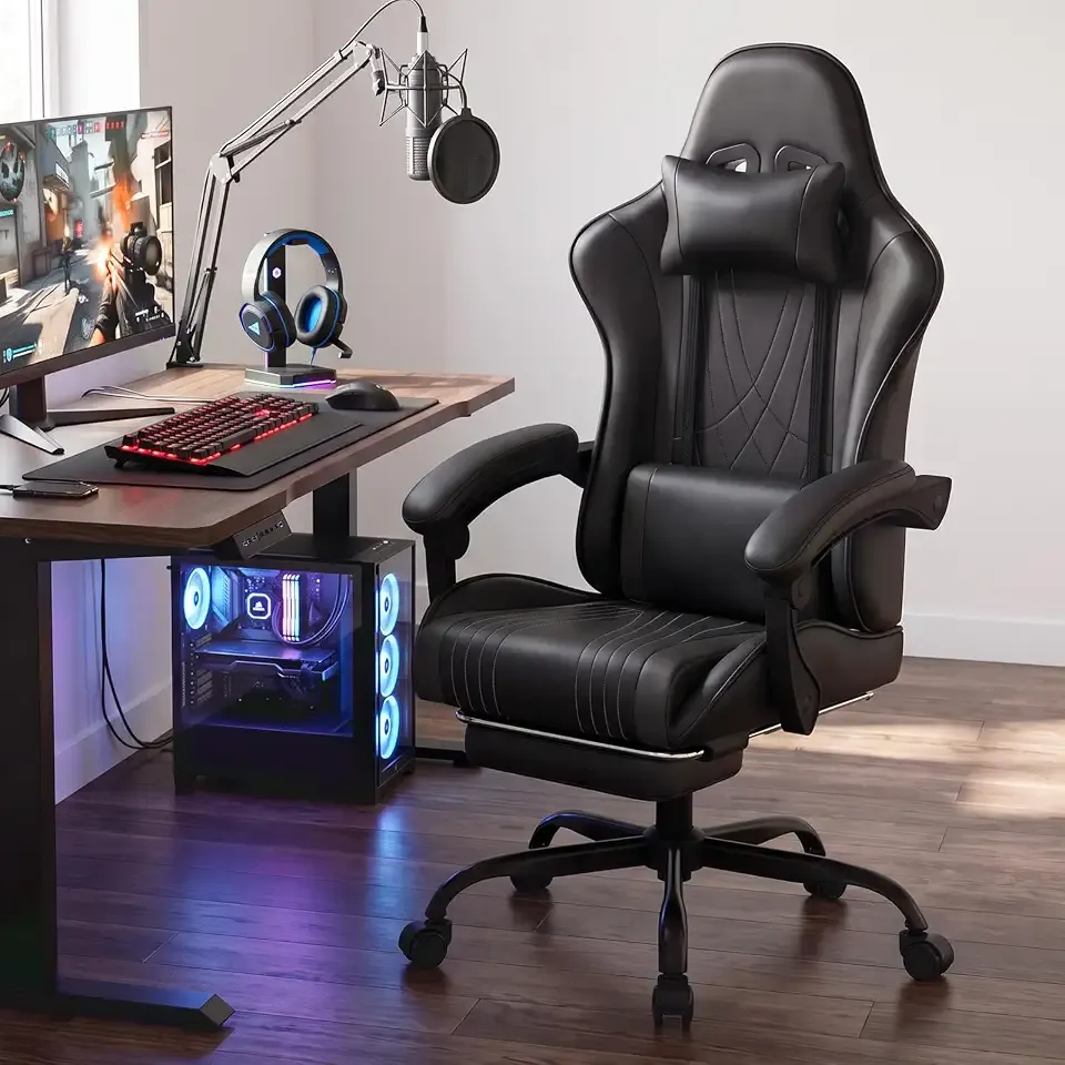 LUCKRACER Gaming Chair with Footrest, Pocket Spring Seat, 90°-135° Reclining Computer Chair with Linkage Armrests, Lumbar Support, Height Adjustment, SGS-Tested Gas Lift, 330 lbs Capacity, Onyx Black