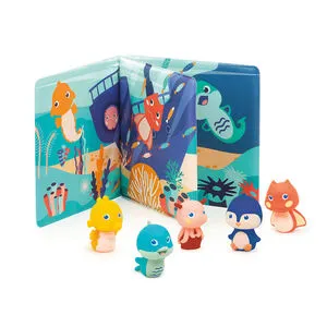 Livre de bain avec ses 5 marionnettes d'animaux marins
