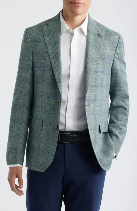 Midland Contemporary Fit Green Check Slub Wool & Silk Blend Sport Coat
