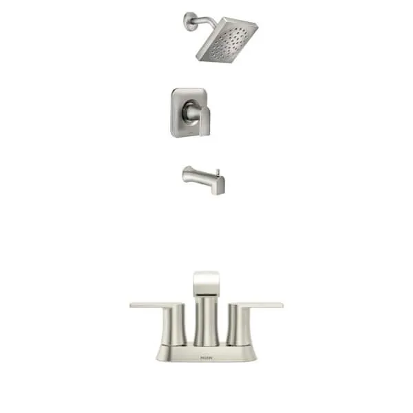 Genta Bathroom Faucet with Drain Kit and Single-​Handle Tub and Shower Faucet in Spot Resist Brushed Nickel Combo